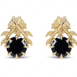 Vine Leaf Design Black Onyx Earrings For Women Art Deco Stud Wedding Earrings 14K Gold Black Onyx Earrings Unique Anniversary Gift For Her