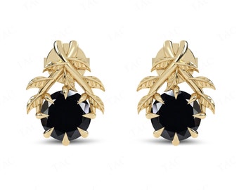 Vine Leaf Design Black Onyx Earrings For Women Art Deco Stud Wedding Earrings 14K Gold Black Onyx Earrings Unique Anniversary Gift For Her