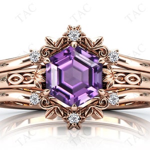Art Deco Leaf Design Amethyst Engagement Ring Set 3 Piece Vintage Wedding Promise Ring Set Hexagon Cut Antique Bridal Anniversary Ring Set