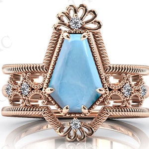 Art Deco Coffin Shaped Larimar Engagement Ring Set Antique Larimar 3Pc Wedding Ring Set 925 Silver Larimar Bridal Ring Set Anniversary Gift