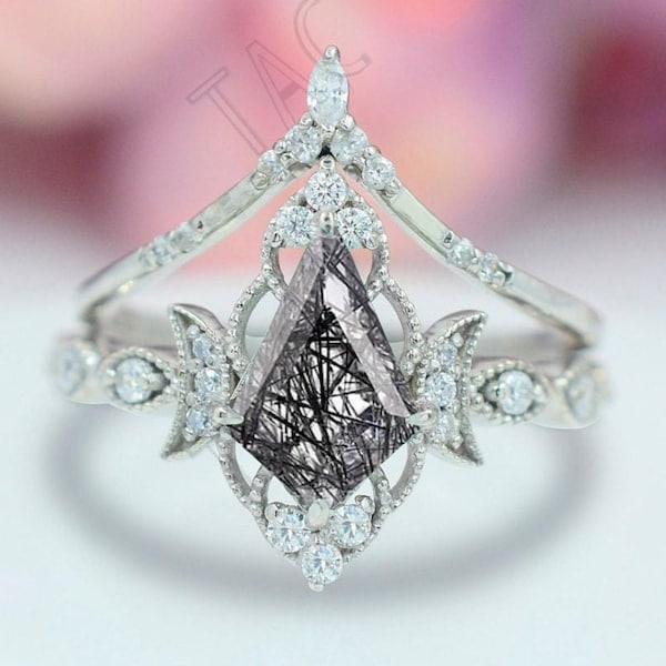 Natural Black Rutile Engagement Ring Set Unique Art Deco Wedding Ring Set Vintage Bridal Promise Ring Set Antique Women Anniversary Ring Set