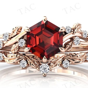 Vine Leaf Vintage Hexagon Shaped Red Garnet Engagement Ring Set 925 Silver Art Deco Garnet Wedding Ring Set Unique Bridal Anniversary Rings
