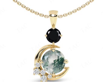 Moon Of My Life Moss Agate Pendant For Women Art Deco Handmade Necklace 925 Silver Moss Agate Wedding Pendant Unique Statement Pendant