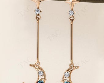 Orecchini pendenti Moon Of My Life in alexnadrite per donna, con mezzaluna e stella, in oro rosa 14k, delicati orecchini da sposa in alexnadrite