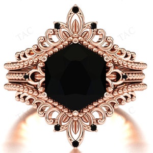 Hexagon Shaped Black Onyx Engagement Ring Set 3Pc Black Onyx Filigree Wedding Ring Set Vintage Art Deco Leaf Style Bridal Ring Set For Women