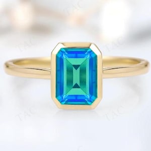 Bio Color Peacock Quartz Engagement Ring 14K Gold Peacock Quartz Bezel Set Ring Emerald Cut Peacock Quartz Wedding Ring Anniversary Gift