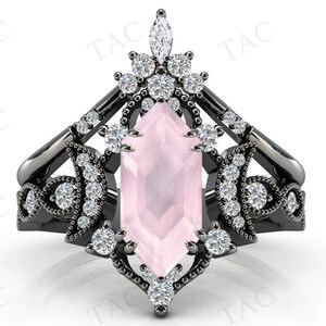 Moon Of My Life Rose Quartz Engagement Ring Set Hexagon Shaped Rose Quartz Wedding Ring Set Black Metal Rose Quartz 2 Piece Bridal Ring Set