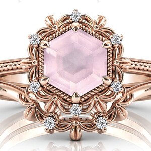 Hexagon Shaped Rose Quartz Engagement Ring Set Vintage Leaf Design Art Deco Wedding Ring Set 925 Silver Rose Quartz Floral Bridal Ring Set