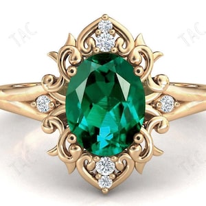 Antique Emerald Engagement Ring Unique Art Deco Wedding Ring Oval Cut 14k Rose Gold Vintage Emerald Bridal Promise Ring Anniversary Gift