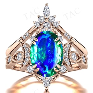 Moon Of My Life Peacock Quartz Engagement Ring Set For Women 14k Gold Peacock Quartz Wedding Ring Set Unique Bio Color Gemstone Ring Set