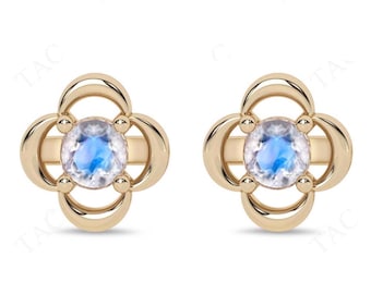 Natural Moonstone Stud Earrings For Women 14K Gold Moonstone Dainty Wedding Earrings Vintage Floral Design Earrings Anniversary Gift For Her