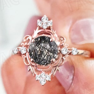 Vintage Black Rutilated Quartz Engagement Ring Sterling Silver Black Rutile Wedding Promise Ring Antique Art Deco Bridal Anniversary Ring
