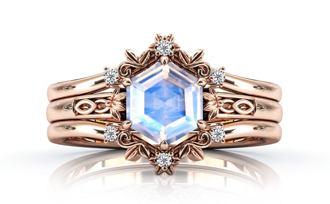 Vintage Leaf Design Moonstone Engagement Ring Set Art Deco Moonstone ...
