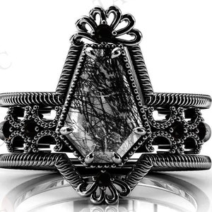 Vintage Black Rutile Engagement Ring Set Coffin Shaped Rutile Quartz Wedding Ring Set Black Metal Gemstone Ring Set Art Deco 3Pcs Bridal Set