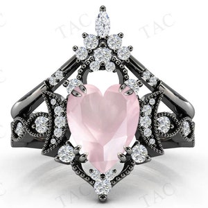 Moon Of My Life Rose Quartz Engagement Ring Set Heart Shape Pink Gemstone Wedding Ring Set Antique 2 Pcs Bridal Anniversary Promise Ring Set
