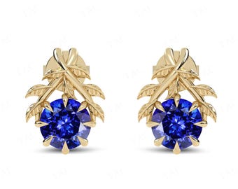 Orecchini unici con pietra preziosa di tanzanite per le donne, orecchini a bottone Art Déco, orecchini da sposa in tanzanite in oro 14K, orecchini in stile foglia vintage per lei