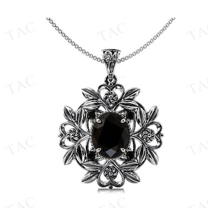 Art Deco Floral Design Black Onyx Pendant For Women 925 Silver Black Onyx Pendant Unique Black Gemstone Necklace Antique Leaf Style Pendant