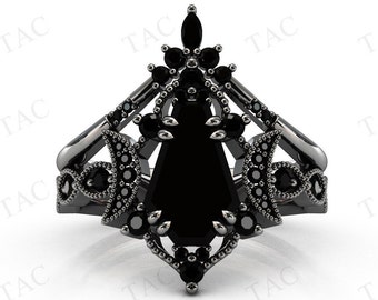 Moon Of My Life Black Onyx Engagement Ring Set Vintage Coffin Shaped Black Onyx Wedding Ring Set Black Metal Ring Set 2 Pcs Bridal Ring Set
