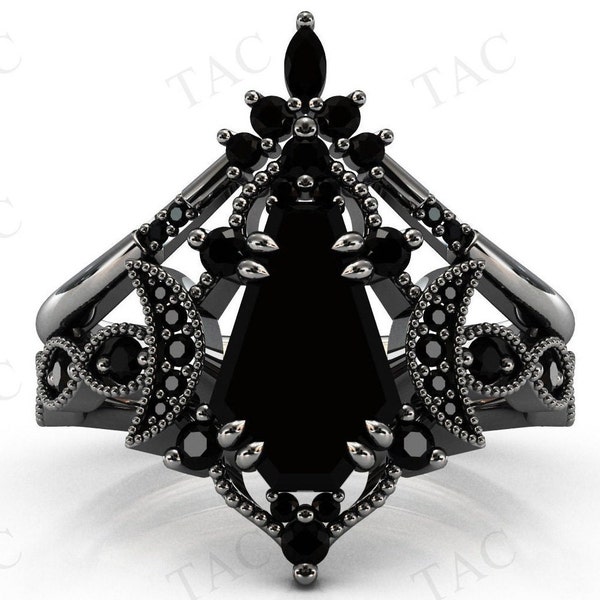 Moon Of My Life Black Onyx Engagement Ring Set Vintage Coffin Shaped Black Onyx Wedding Ring Set Black Metal Ring Set 2 Pcs Bridal Ring Set