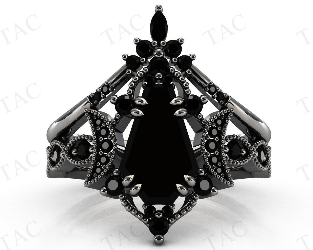 Moon Of My Life Black Onyx Engagement Ring Set Vintage Coffin Shaped Black Onyx Wedding Ring Set Black Metal Ring Set 2 Pcs Bridal Ring Set