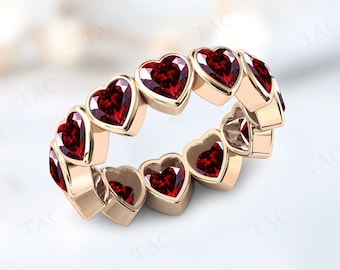 Vintage Red Garnet Full Eternity Wedding Band For Women Heart Shaped Red Gemstone Bridal Band 925 Sterling Silver Stacking Band Gift For Her
