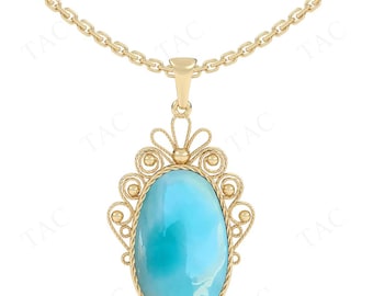 Uniek filigraanontwerp Larimar-hanger voor vrouwen 14K gouden Larimar-statementhanger Art Deco-huwelijksketting verjaardagscadeau voor haar