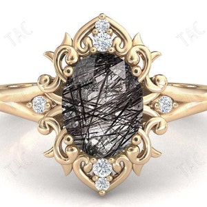 Black Rutile Quartz Engagement Ring Art Deco Vintage Wedding Ring 14k Rose Gold Unique Anniversary Promise Ring Oval Cut Rutile Bridal Ring