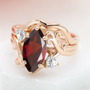Twig Red Grannet Verlobungsring Set Marquise Granat Ehering Set Antik Art Deco Brautring Set Unikat Versprechen Jubiläum Ring Set