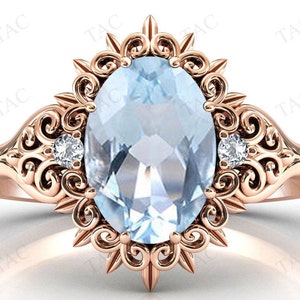 Oval Shaped Aquamarine Engagement Ring Art Deco Filigree Style Wedding Ring Vintage Leaf Design Ring For Women Antique Bridal Promise Ring