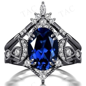 Moon Of My Life Blue Sapphire Engagement Ring Set Art Deco 2 Pcs Wedding Ring Set Oval Shaped Blue Sapphire Bridal Ring Set Anniversary Gift