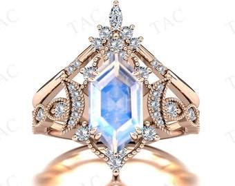 Moon Of My Life Natural Moonstone Engagement Ring Set Art Deco 2 Piece Wedding Ring Set Hexagon Shaped Moonstone Bridal Ring Set For Women