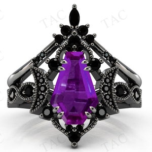 Moon Of My Life Amethyst Engagement Ring Set Antique Wedding Ring Set Vintage Coffin Shaped Amethyst Bridal Anniversary Ring Set For Women
