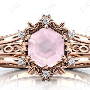 Antique Leaf Design Rose Quartz Engagement Ring Set 14k Gold Hexagon Cut Rose Quartz Wedding Ring Set 3 Pc Vintage Art Deco Bridal Ring Set