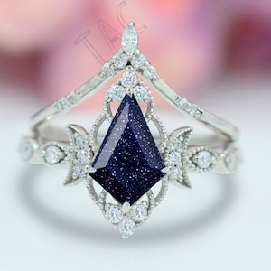 Art Deco Blauer Sandstein Verlobungsring Set Galaxy Blauer Sandstein Ehering Set Drachenförmige Antike Braut Versprechen Ring Set Für Frauen