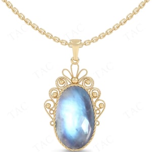 14K Gold Moonstone Gemstone Pendant For Women Vintage Filigree Design Necklace Art Deco Statement Pendant Unique Anniversary Gift For Her