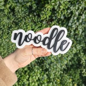 Może przedstawiać: Biało-czarny znak z napisem "noodle" w kursywie. Słowo jest czarne z białym obrysem. Znak jest trzymany na tle zielonego, liściastego tła.