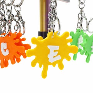 Può includere: Portachiavi arancioni, gialli e verdi, ciascuno a forma di schizzo di vernice con una lettera bianca. I portachiavi sono appesi ad anelli e catene argentate. Le lettere sono C, E e un'altra lettera.