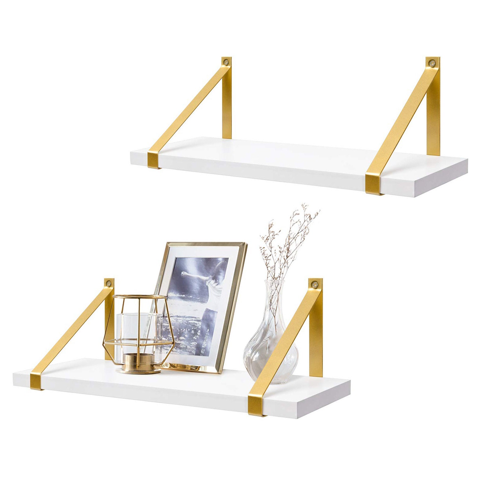 Set of 2 White Gold Wooden Wall Hanging Floating Shelves Etsy