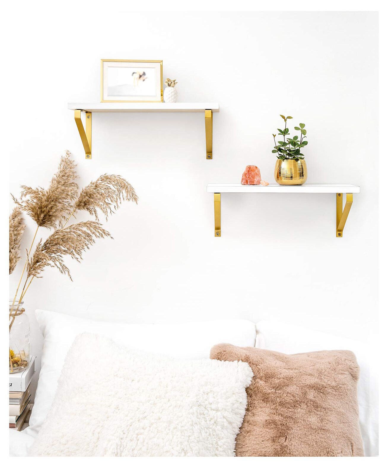 Set of 2 White Gold Wooden Wall Hanging Floating Shelves Etsy