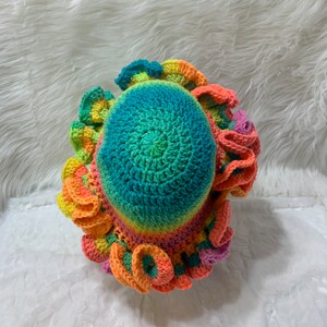 Vibrant Ruffle Crochet Hat, Style Theme FW Forest Blossom Colorful Striped Blossom Crochet Bucket Hats by Crochet By K  main image 3