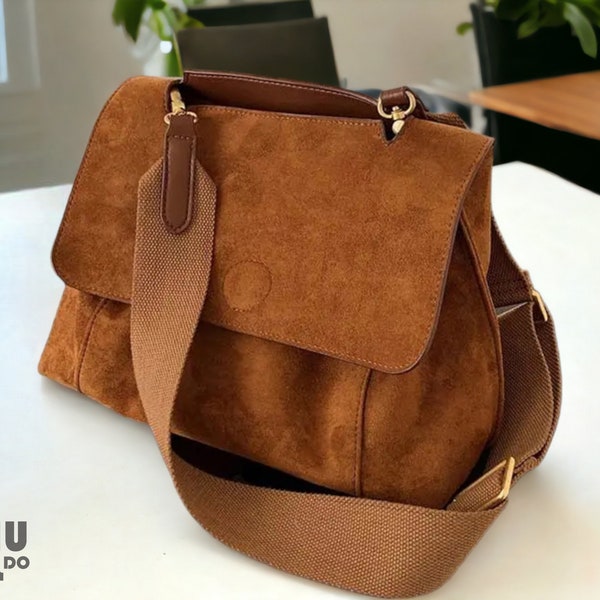 Sac à bandoulière à rabat en nubuck pour femme, fourre-tout vintage avec large bandoulière, sac à main de grande capacité pour femme, sac à bandoulière pour femme