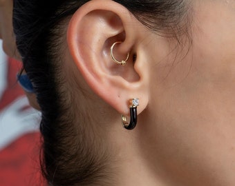 Rhythm Black Band Stone Gold Earrings - Mini Earrings - Stone Gold Earrings - Gift For Her - 14K Gold