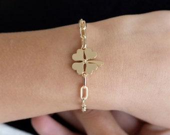 Heart Clover Gold Bracelet - Gold Chain - 14K Gold - Minimalist Bracelet -Gift For Her - Birthday Gift - Dainty Chain Gold Bracelet