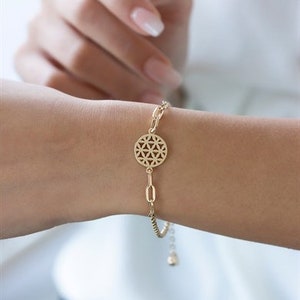 Flower Of Life Gold Bracelet - Gold Chain - 14K Gold - Minimalist Bracelet -Gift For Her - Birthday Gift - Dainty Chain Gold Bracelet