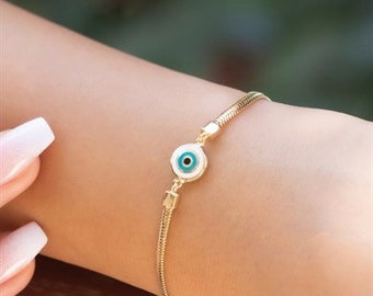 Pulsera de oro Evil Eye - Cadena de oro - Oro de 14K - Pulsera minimalista - Regalo de cumpleaños - Cadena delicada - Pulsera de protección