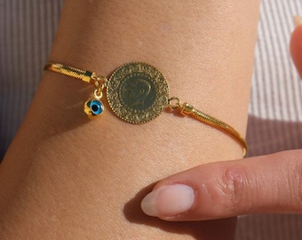 Gold Coin Bracelet - Turkish Gold Coin Bracelet - Ceyrek Altin - Gold Coin - 14K Solid Gold Monogram Necklace - Pressed Coin Neclace