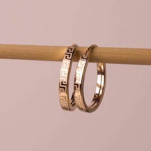 14K Solid Gold Round Greek Key Design 1.3 Cm - Perfect Simple Earrings For Her - Greek Design Hoops Earrings for Women