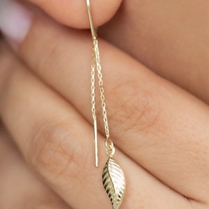 Leaf Dangle Gold Earrings - 14K Gold - Dangle Earrings - Dainty Leaf Earrings - Mothers Day Gift - Gift For Her - Valentines Day