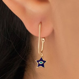 Dangle Star Eye Gold Earrings - Gold Earrings  - Dangle Star Gold Earrings - 14K Gold - Gift For Your Girlfriend - Dangle Gold Earrings