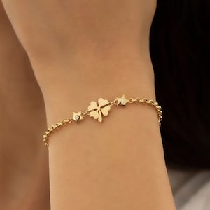Heart Clover Gold Bracelet - Gold Chain - 14K Gold - Minimalist Bracelet -Gift For Her - Birthday Gift - Dainty Chain Gold Bracelet